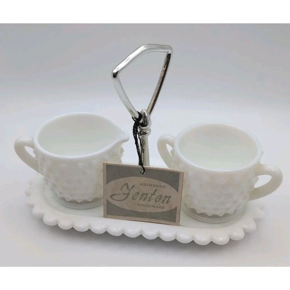 Fenton Milk Glass Hobnail Sugar/ Creamer With Tray And Tags‎